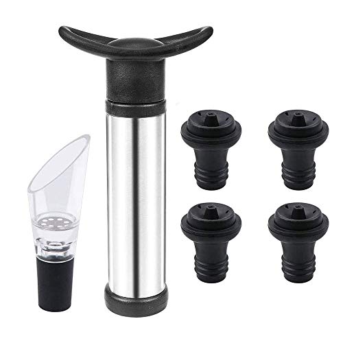 Bomba de Vino - Tapón de Almacenamiento al Vacío Set Accesorios de Vino con 4Tapones, 1 Vertedor de Vino y 1 Cortador Manual al Vacío