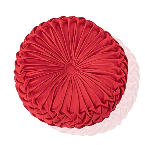 Boyigog Cojín decorativo para el hogar, 38 cm, redondo, cojín de terciopelo con diseño de calabaza, hecho a mano, plisado para el hogar, sofá, silla, cama, decoración del coche (rojo)