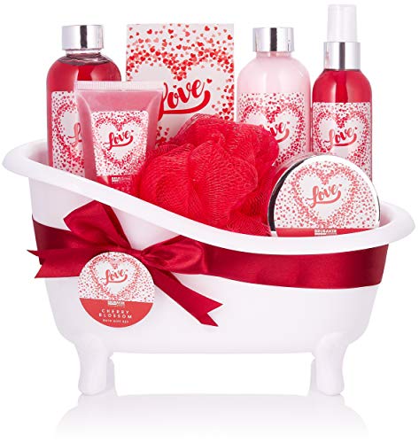 BRUBAKER Cosmetics Set de baño y ducha Love - Flor de cerezo - Set de regalo de 8 piezas en una bañera decorativa