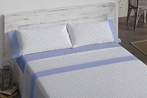 Burrito Blanco Juego de Sábanas 487 con Estampado Primaveral de Pequeñas Flores en Tonos Azul para Cama de Matrimonio 150x190 hasta 150x200 cm. Tejido Suave 50% Algodón - 50% Poliéster. Color Azul.