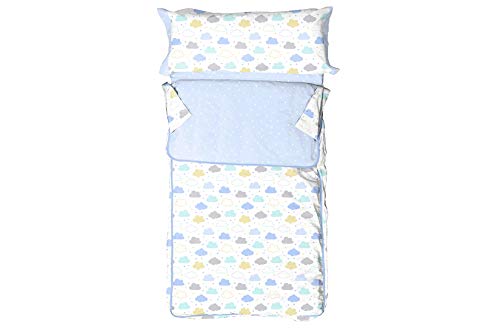 Burrito Blanco Saco Nórdico Infantil 008 100% Algodón con Un Diseño de Nubes de 90x190cm hasta 90x200cm/Saco Nórdico 90 con Cremallera, Colores Azul y Amarillo