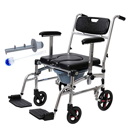 bxl Ducha Silla Comoda con Ruedas Extra Ancho Silla De Baño con Pedal Taburete con Cubo Y Acolchado Asiento Ligero Plegable Silla De Ruedas por Mayor Discapacitado Minusválido