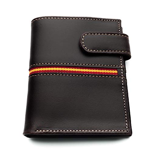 Cartera Hombre Marrón Piel tratada con Bandera España LEGADO de Ubrique Cartera Bandera España Regalo Pulsera Bandera España(Vertical Marrón Vox II con Broche)