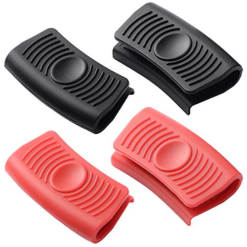 Ceqiny 2 pares de asas silicona para agarraderas ollas agarres para cocinar agarres para wok utensilios de cocina soporte de silicona para ollas de hierro fundido sartenes planchas, negro y rojo