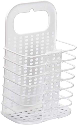 Cesta plegable para guardar la ropa, independiente y de montaje en pared, contenedor de plástico plegable, color blanco con 2 ganchos adhesivos, 46 9 x 27 x 16 cm