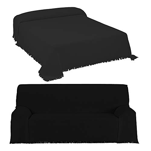 DHestia - Colcha Multiusos de Cama y Funda Cubre Sofá con Flecos Modelo Canalé. (220x260 cm, Negro)