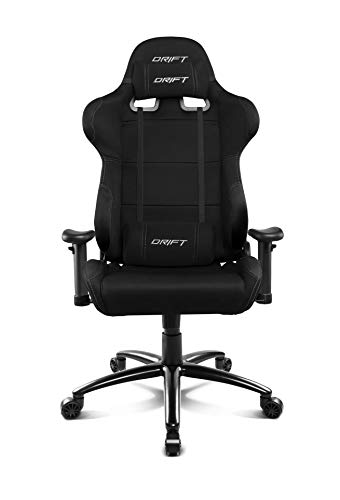 DRIFT GAMING DR100 Silla Gaming Profesional, Tela, reposabrazos 2D, Piston Clase 4, Asiento basculante, Altura Regulable, Respaldo reclinable, Cojines Lumbar y Cervical, Madera, Negro, 48x61,5x129 cm