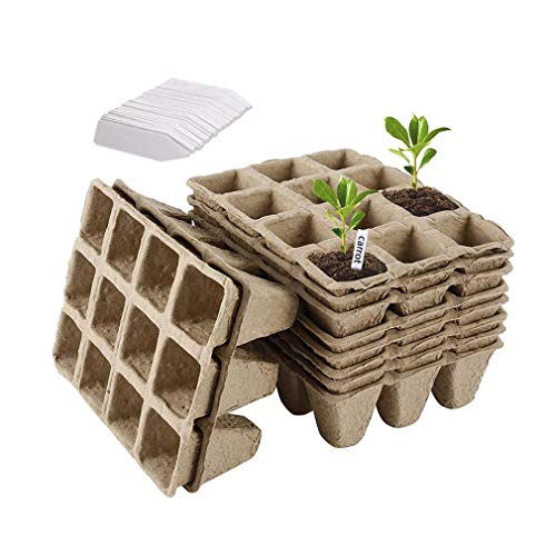 Dsaren 10 Piezas 12 Grid Bandeja Semillero Macetas Biodegradables Turba Bandeja Germinación con 100 Etiquetas Jardineria y Herramientas Trasplante para Jardín, Balcón, Semilla, Plantas, Vegetal, Fruta