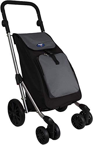 Eagle London - Carro de la compra plegable (6 ruedas) con marco de acero cromado con ruedas para carrito de la compra, multiimpresión (negro y gris)