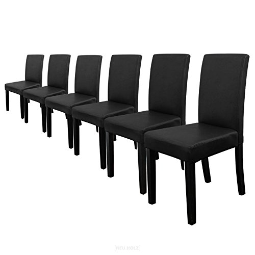 [en.casa] 6 sillas tapizadas (Negro) Patas de Madera Maciza/Piel sintética/Elegante/Set Ahorro