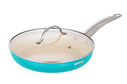 EPPMO 26 cm Sartén antiadherente de Aluminio con Tapa sin PFOA, Sartén de Cerámica para Lavavajillas y Horno, Apta para Todo Tipo de Cocinas Incluido Inducción, Color de Tiffany Azul