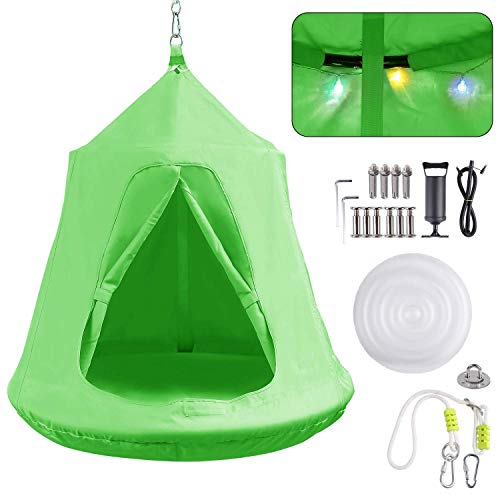 Femor Columpio Tienda Colgante Impermeable, Hamaca Silla para Niños con Luces LED y Cojín de Aire, Carga Máxima de 100kg, 10*120 cm (Verde)