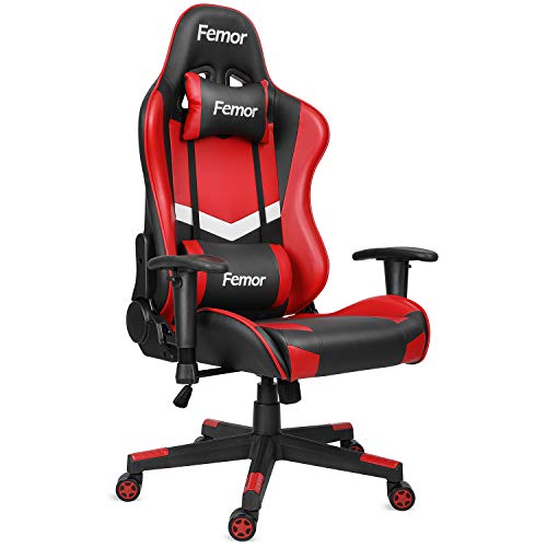 Femor Silla Gaming, Silla gamer de Escritorio de Oficina, Silla de Ergonómica con Cojín Reposabrados 3D Ajustable Respaldo, Racing Silla Gamer para los Jugadores de PC(Rojo)