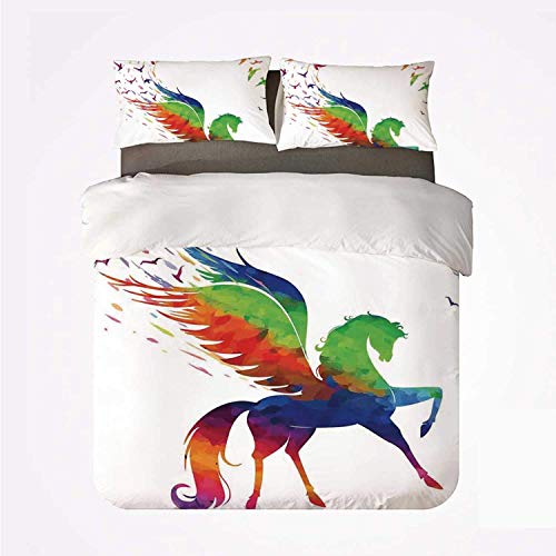 Flying Birds Decor Pegasus Flying Wings of Birds in Rainbow Colors Inspiration Imagination Design Art Home,Juego de ropa de cama con funda nórdica de microfibra y 2 funda de almohada - 240 x 260 cm