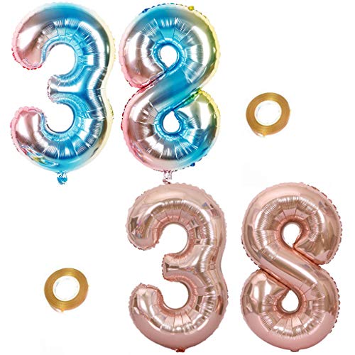 Haosell Juego de 2 globos para fiesta con el número 38, arco iris y oro rosa, globos de helio número 38 para cumpleaños, decoración XL de 32 pulgadas, globos para decoración de cumpleaños