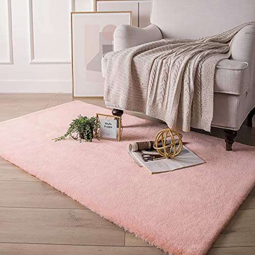 HETOOSHI Alfombra De Piel De Conejo Artificial,Antideslizante Lujosa Suave alfombras mullidas de Interior,Linda Alfombra de Dormitorio Adecuado para salón Dormitorio baño sofá (Rosado, 120 x 160 cm)