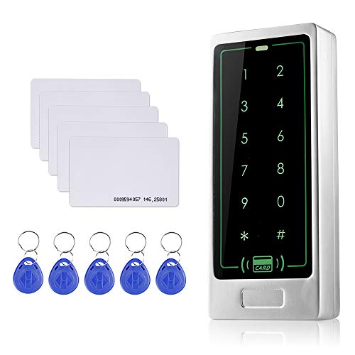 HFeng Teclado de control de acceso táctil Lector de tarjetas RFID Controlador de acceso con sistema de apertura de puerta Wiegand de 26 bits + 10pcs 125KHz EM4100 Keyfobs Etiquetas