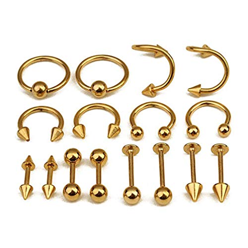 Holibanna 16 Piezas de Joyería Piercing Set Barbell Bar Aro Anillos para Vientre Lengua Nariz Tragus Labio Ceja (Oro)