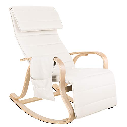 Homfa Mecedora de Salón Silla de Relax Sillón Mecedora de Madera con Reposapiés Regulable y Plegable para Salón Oficina Terraza Carga 150Kg Beige 86x65x100cm