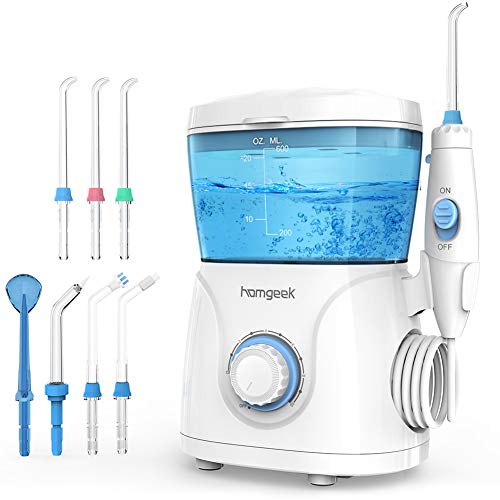 Homgeek Irrigador Bucal, Irrigador Dental Profesional con 7 Boquillas Multifuncionales 10 Ajustes de Presión 600ml, Efectivamente Limpia los Dientes y Protege la Salud Bucal de Toda la Familia