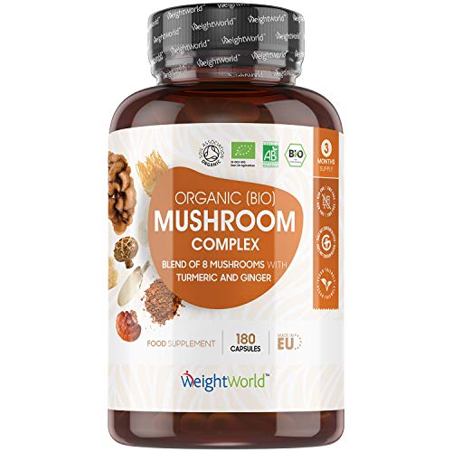 Hongo Cápsulas Orgánico Con Cúrcuma y Jengibre, Bio Reishi Mushroom Complex 180 Cápsulas Vegano | Mezcla 8 Hongos Reishi, Shitake, Maitake, Cordyceps, Melena de León, Chaga, Cúrcuma y Jengibre