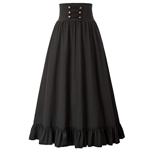 HongYa Women Gothic Skirts Long Maxi Skirt High Waist Ruffled Hem A-Line Skirts Elastic Waist Vintage Skater Club Party Casual Fashion-Solid Black,XL,China