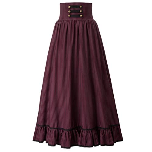 HongYa Women Gothic Skirts Long Maxi Skirt High Waist Ruffled Hem A-Line Skirts Elastic Waist Vintage Skater Club Party Casual Fashion-Striped Wine,XL,China