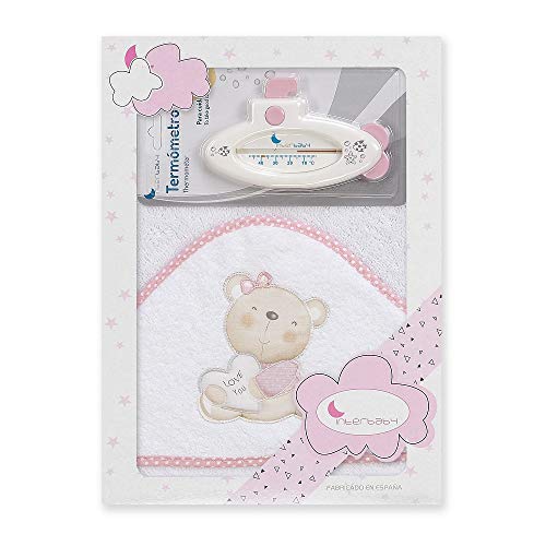 INTERBABY - Set Capa de baño Love Blanco-Rosa 100% Algodón y termómetro