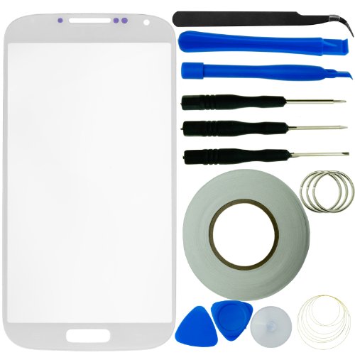 Juego de Reemplazo de Pantalla para Samsung Galaxy S4 t incluye 1 Cristal de Reemplazo para Galaxy S4 i9500 / 1 Par de Pinzas / 1 Rollo de 2mm Tape Adhesivo / 1 Juego de Herramienta / 1 ECO-FUSED Microfiber Paño de Microfibra para Limpiar (Blanco)