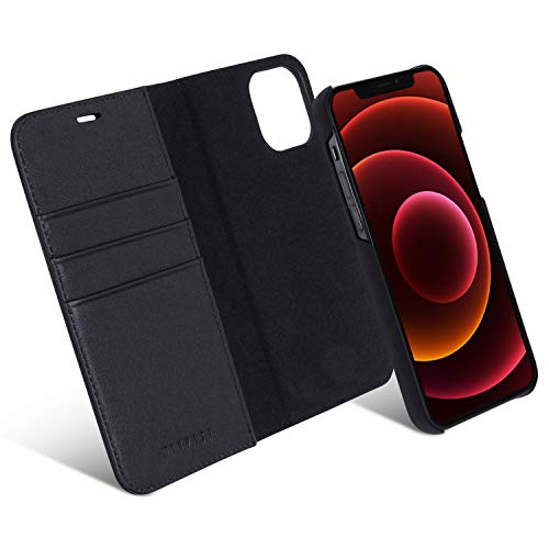 KANVASA Funda iPhone 12 / iPhone 12 Pro Case Cartera Desmontable Negra Piel Auténtica Premium 2 en 1 Tipo Libro Cierre Imán para iPhone 12/12 Pro (6.1") - Carga Inalámbrica