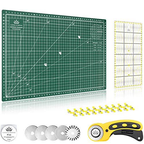 Lange & König Kit de Cuter Rotativo incluye Base de Corte, Cortador Rotativo, 5 Cuchillas de Repuesto, Regla de Patchwork + 20 Pinzas Costura como Accesorios de Costura (Verde, A3)