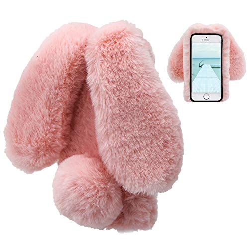 LCHDA Rabbit Funda para iPhone 7,Conejo Piel Conejito Oído Caso para Muchachas Linda Invierno Cálido Suave Peludo Bola Mullida Piel Pelo Felpa Protectora TPU Bumper Funda para iPhone 8-Rosado