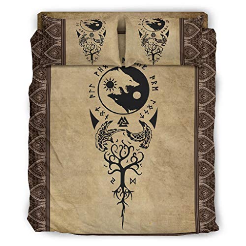 LIFOOST Juego de cama de 4 piezas Vikings Tattoo cuervos Yin Yang Wolf multicolor, respetuoso con la piel, juego de cama blanco 228 x 228 cm