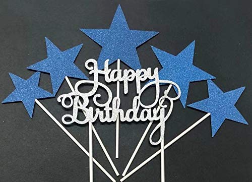 Lming Hechos a mano 6 Condes Glitter Cake Toppers de decoración para la torta de la magdalena y el helado feliz cumpleaños y Glitter Stars Set para Conjunto Grandes Estrellas Azules