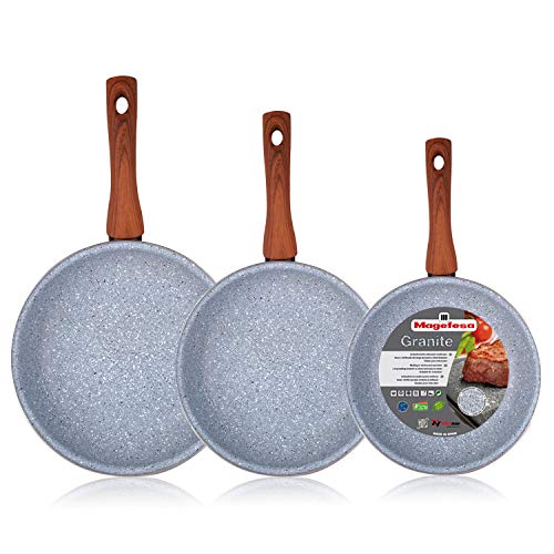 Magefesa Marmol - Set Juego 3 Sartenes 18-20-24 cm inducción Antiadherente Granito Piedra Libre de PFOA, Limpieza lavavajillas Apta para Todas Las cocinas, vitroceramica, Gas, Fabricadas en España