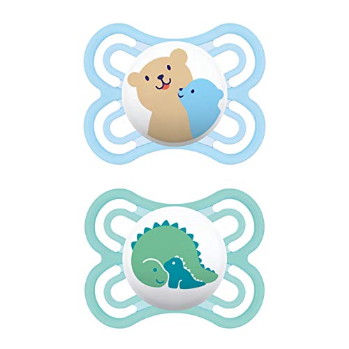 MAM Juego de 2 chupetes Perfect para un desarrollo saludable de los dientes y la mandíbula, chupete para bebé de silicona especial MAM SkinSoft con caja para chupete, 0-6 meses, oso / dinosaurio