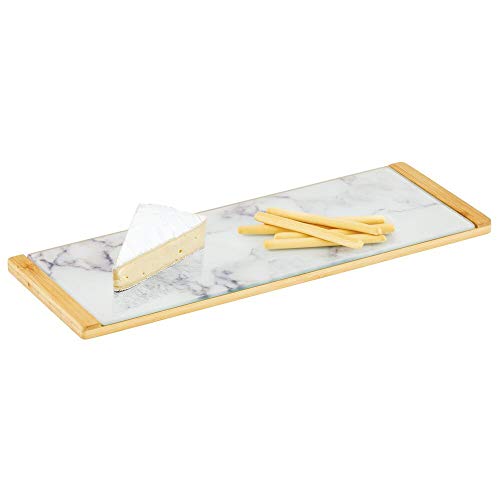 mDesign Bandeja decorativa con diseño marmolado – Bandeja rectangular para cocina, baño y oficina – Organizador de cocina para té, café, desayuno y tapas en bambú y cristal – blanco, gris y bambú