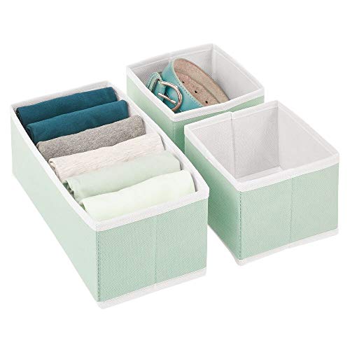 mDesign Juego de 3 Cajas organizadoras – Cestas de Tela de Diferentes tamaños para cajones – Organizadores para armarios para Guardar Calcetines, Ropa Interior y más – Verde Menta/Blanco