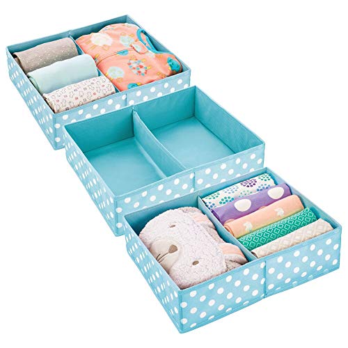 mDesign Juego de 3 Cajas para almacenar Ropa o Cosas de niños – Organizadores de cajones de Tela para habitación Infantil – Cestas organizadoras para armarios con 2 Compartimentos – Turquesa y Blanco