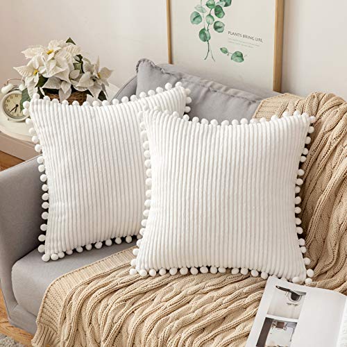 MIULEE 2 Piezas Funda de Cojín Fundas de Almohada Decorativa Cuadrado Corduroy a Rayas Moderna Suave para Sofá Silla Cama Sala de Estar Dormitorio Salon Habitacion Hogar 45x45cm Blanco Puro