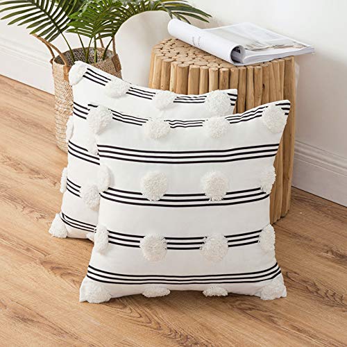 MIULEE 2 Piezas Funda de Cojines Bohemios con Pompones Interesantes Funda de Almohada de Rayas Moderna Decoración para Hogar Habitacion Sofá Cama Dormitorio Hogar 45X45cm Blanco Negro