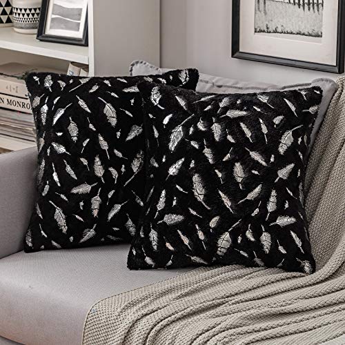 MIULEE 2 Piezas Funda de Cojines Plumas Estampadas Plateadas Funda de Almohada Suave Cómoda para Sofá Cama Decorativas Modernas Preciosas para Sillas Dormitorio Habitacion 45x45cm Negro