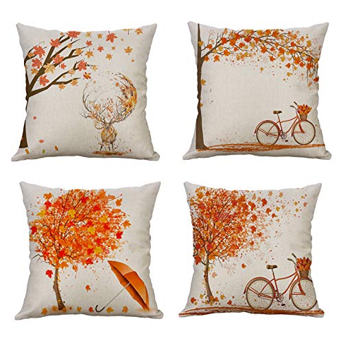 MIULEE Juego de 4 Lino Cojines Estilo de Hoja de Arce Otoñal Funda Naranjas de Cojín Almohada Caso de Decorativo Cojines para Sala de Estar sofá Cama18 x18 Pulgadas 45x45cm