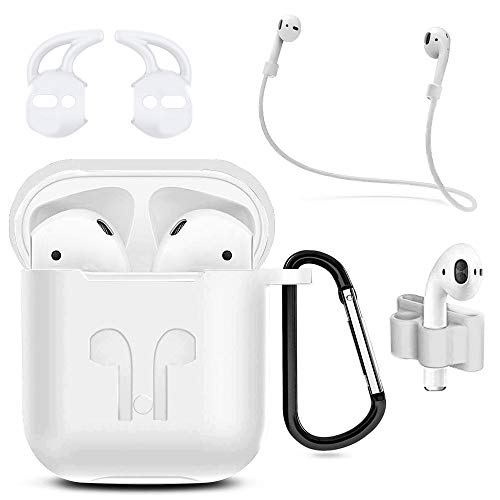 MMOBIEL Estuche de Silicona a Prueba de Golpes Compatible con AirPods 1/2 Funda Protectora Skins 6 en 1 Set con Clip para la Oreja Ganchos Correa (Blanco)