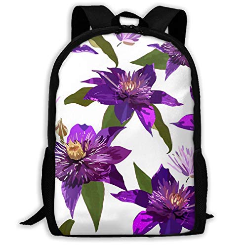 Mochila Escolar Clematis Morado Flores y Hojas Mochila Mochila de Viaje Informal para Adolescentes Niños Niñas