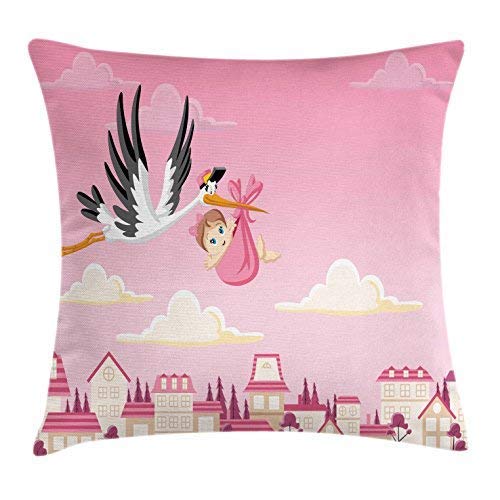 N\A Baby Shower Throw Pillow Cojín, Cigüeña Que Entrega a una niña recién Nacida Dibujos Animados Cielo sombreado Cuento de Hadas, Funda Decorativa de Almohada Decorativa Cuadrada,