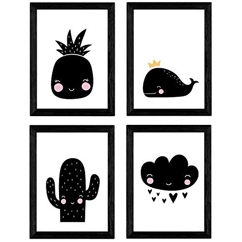 Nacnic Set de 4 láminas "Cactus, ballena, piña y nube con corazones". Posters de animales. Tamaño A3 sin marco