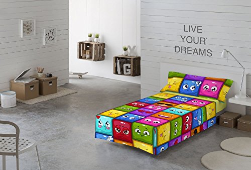 NATURALS Juego sabanas 3 pcs para Cama 90 cms Hello emoticonos, 100% algodón, Multicolor, 90 x 190 cm