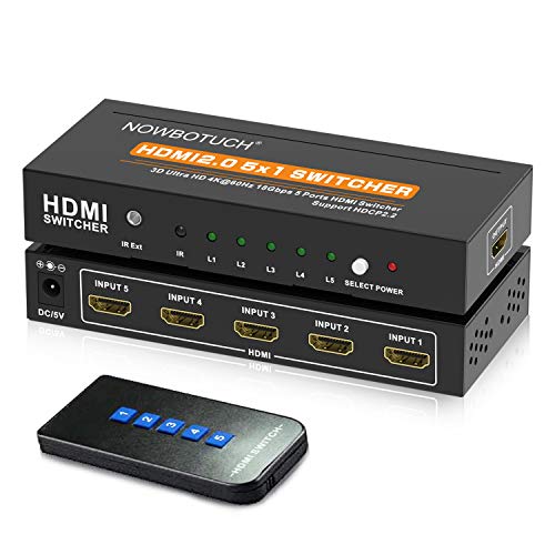 NOWBOTUCH 4K @ 60Hz 5x1 Interruptor HDMI 2.0 Interruptor selector HDMI 5 Puertos HDR Control Remoto IR 4Kx2K Caja selectora HDMI 5 en 1 Salida UHD 4K Conmutador HDMI Soporte HDR 18Gps HDCP 2.2 HD 3D
