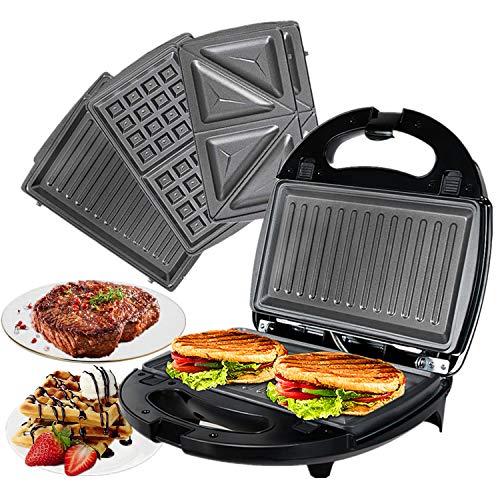 OZAVO Sandwichera 3 en 1, Gofreras eléctricas Parrilla para gofrera bocadillos hamburguesa y Panini Grill - 3 Extraíble placas, 750W